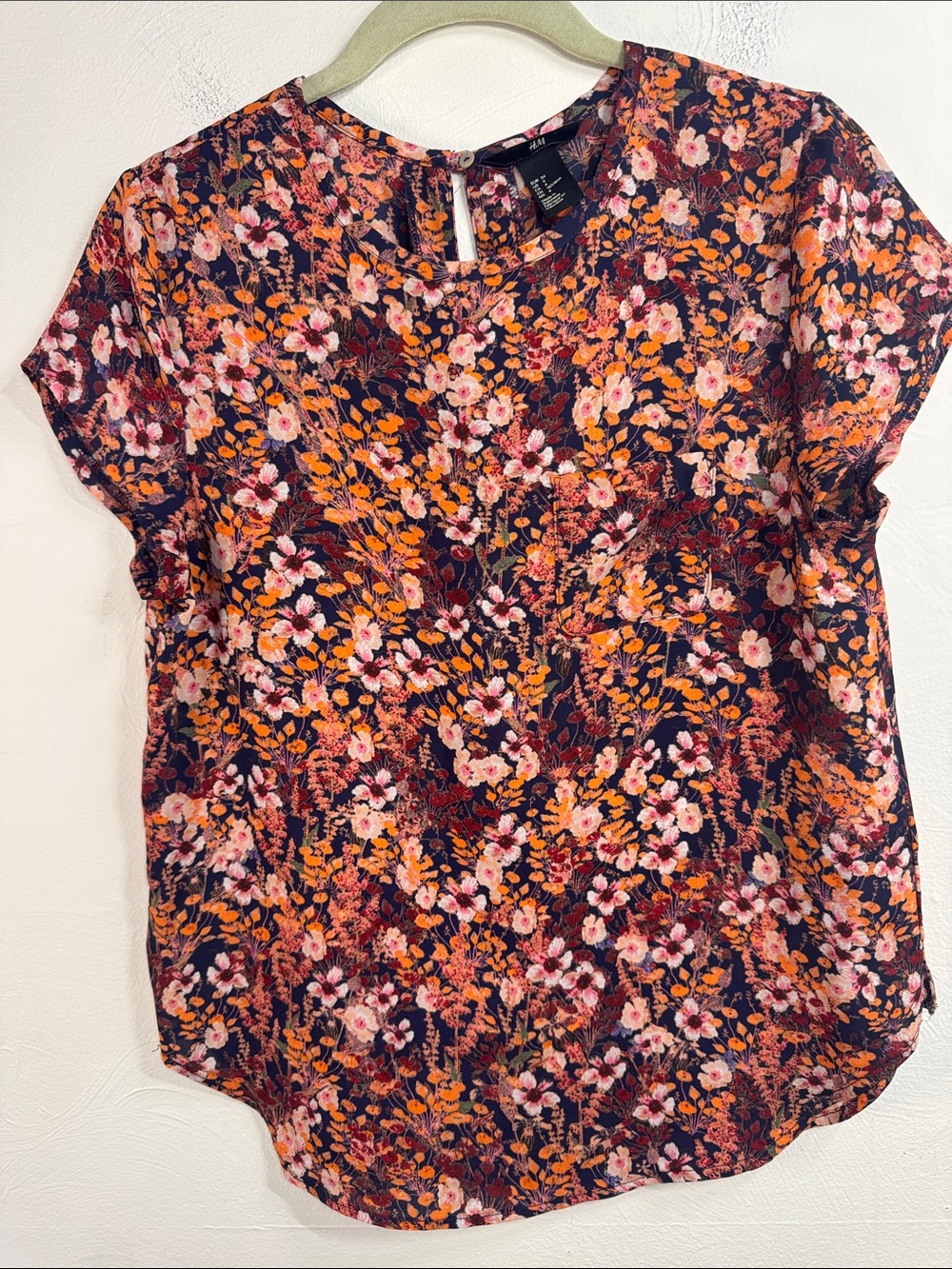 H&M Floral Short Sleeve Blouse - Burgundy, Orange, Pink Feminine Career Work